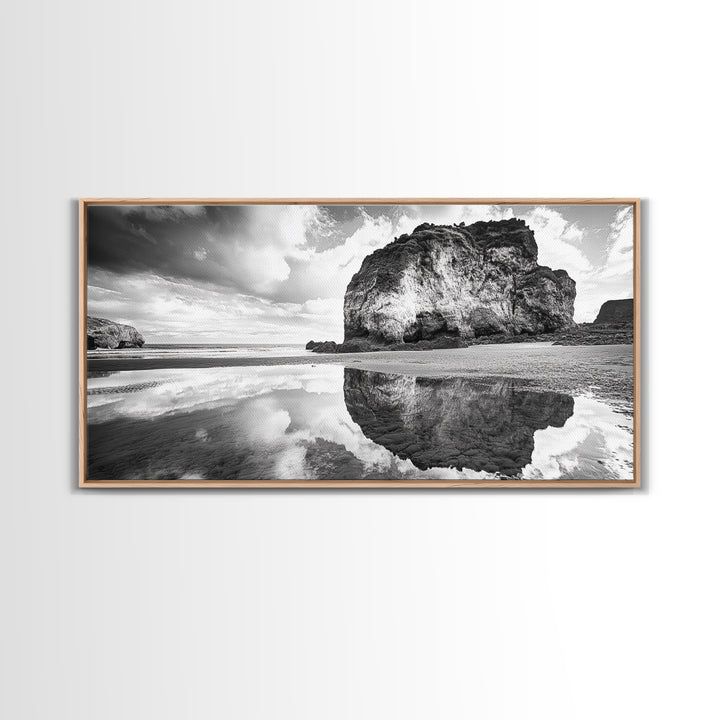 Beach Reflection, Seaside Rock, Cloudy Horizon, Coastal View, Framed Canvas Print, Minimalist Wall Art, Bathroom Ocean Decor
