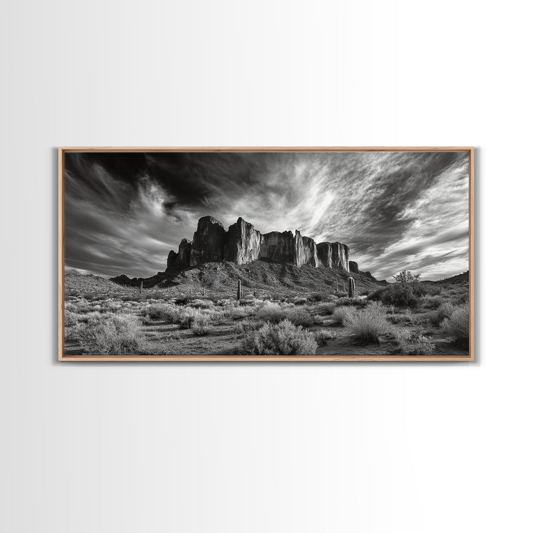 Desert Mesa, Dramatic Sky, Western Landscape, Cactus Field, Framed Canvas Print, Rustic Wall Art, Living Room Southwest Decor