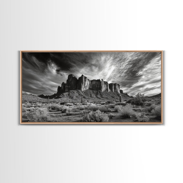 Desert Mesa, Dramatic Sky, Western Landscape, Cactus Field, Framed Canvas Print, Rustic Wall Art, Living Room Southwest Decor
