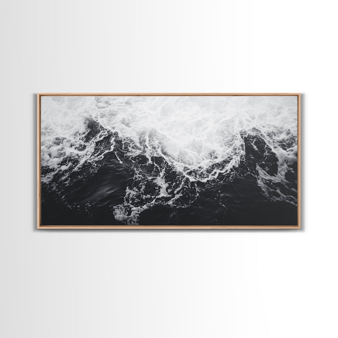 Ocean Texture, Crashing Waves, Abstract Sea, Monochrome Motion, Framed Canvas Print, Coastal Wall Art, Bathroom Minimalist Decor