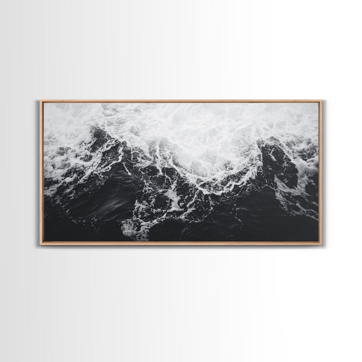 Ocean Texture, Crashing Waves, Abstract Sea, Monochrome Motion, Framed Canvas Print, Coastal Wall Art, Bathroom Minimalist Decor