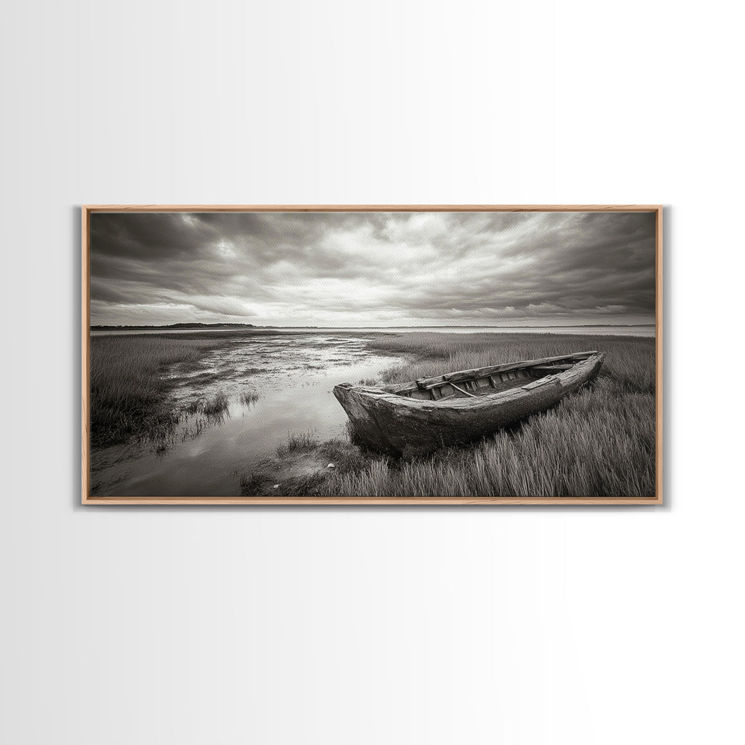 Abandoned Boat, Coastal Marsh Scene, Sepia Seascape, Framed Canvas Print, Living Room Wall Art, Moody Autumn Nautical Decor