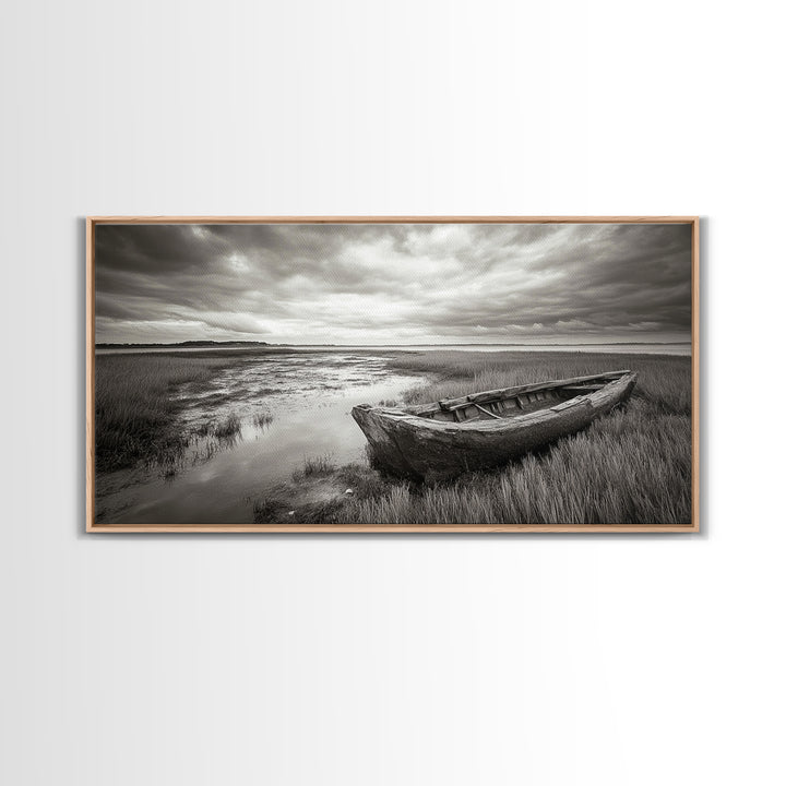 Abandoned Boat, Coastal Marsh Scene, Sepia Seascape, Framed Canvas Print, Living Room Wall Art, Moody Autumn Nautical Decor