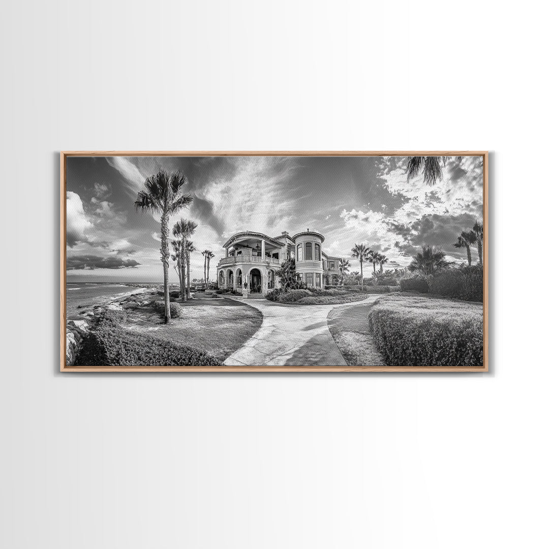 Beach Mansion Wall Art, Tropical Coastal House, Luxury Villa Print, Palm Tree Canvas Print, Living Room Decor, Modern Home Wall Art