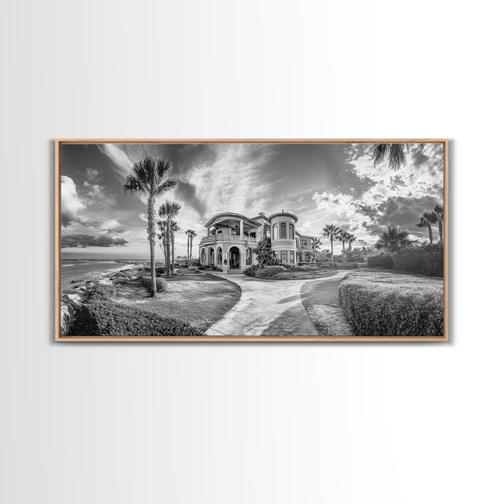 Beach Mansion Wall Art, Tropical Coastal House, Luxury Villa Print, Palm Tree Canvas Print, Living Room Decor, Modern Home Wall Art
