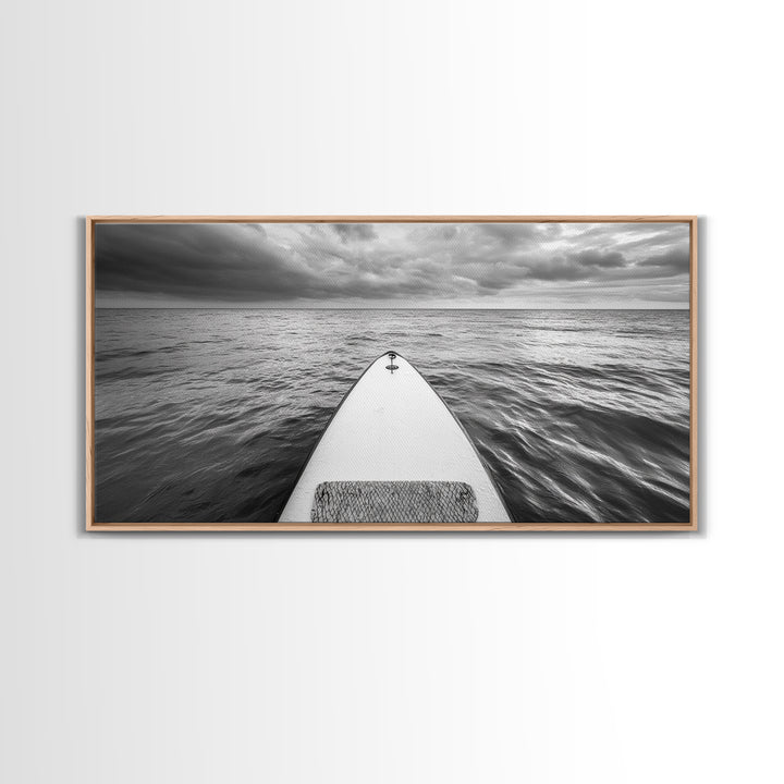 Ocean Horizon Board, Paddleboarding Adventure, Cloudy Sea Landscape, Framed Canvas Print, Modern Coastal Office or Living Room Art