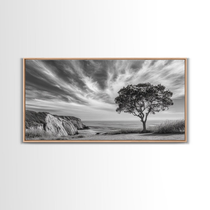 Coastal Tree Cliff, Ocean Breeze Scene, Scenic Nature Vibes, Framed Canvas Print, Boho Bedroom or Serene Living Room Wall Art