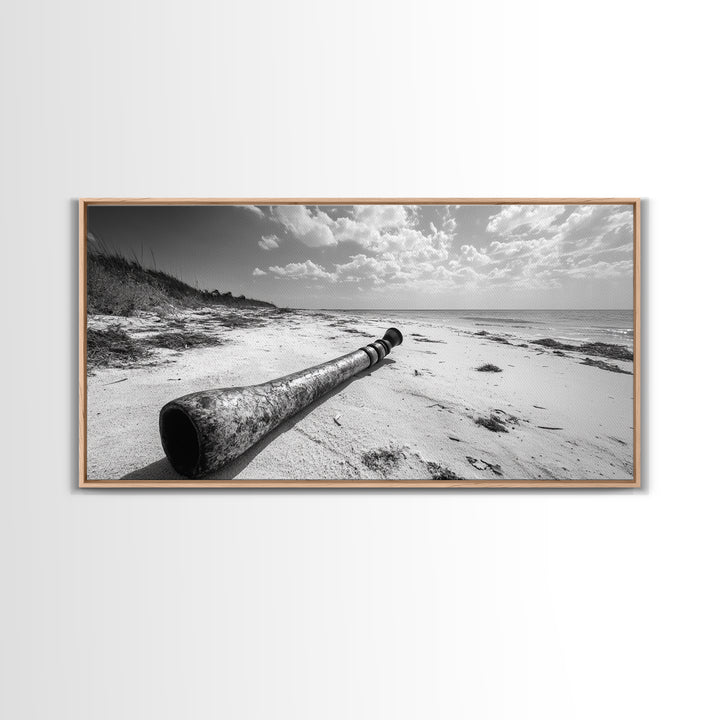 Abandoned Beach Pipe, Surreal Coastal Scene, Washed Ashore Photography, Framed Canvas Print, Moody Living Room or Fall Wall Art