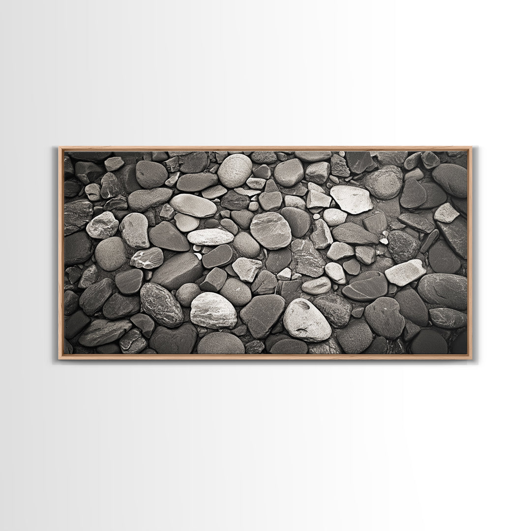 River Stones, Zen Rock Pattern, Natural Earth Tones, Minimal Decor, Framed Canvas Print, Modern Bathroom Spa Wall Art, Living Room Wall Art