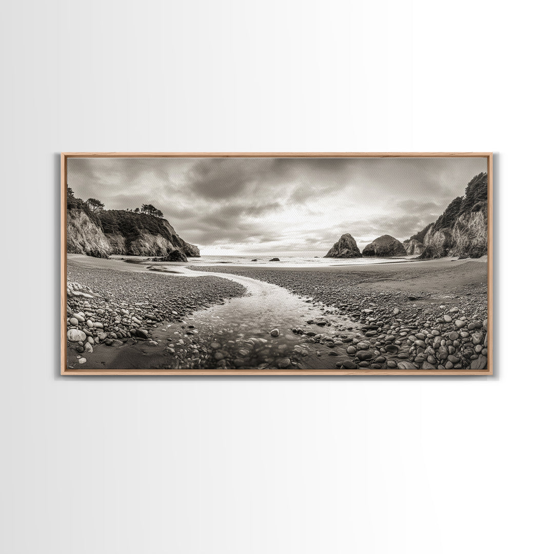 Coastal Pebble Beach, Pacific Shoreline, Serene Nature Landscape, Framed Canvas Print, Neutral Bedroom or Fall Living Room Wall Art