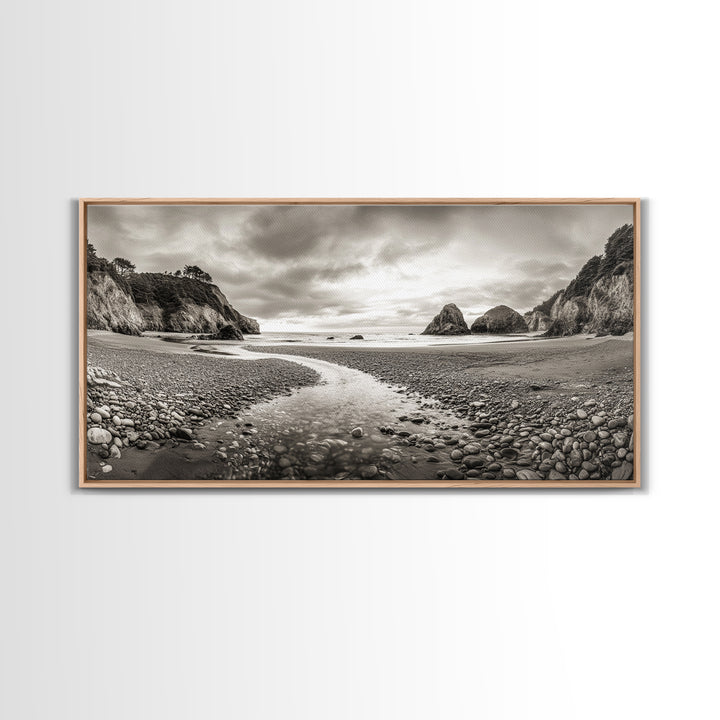 Coastal Pebble Beach, Pacific Shoreline, Serene Nature Landscape, Framed Canvas Print, Neutral Bedroom or Fall Living Room Wall Art