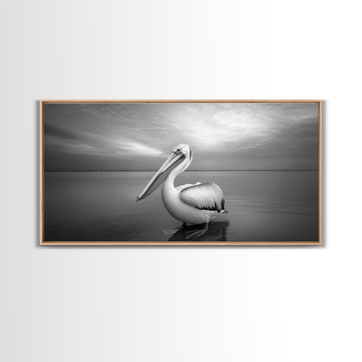 Ocean Pelican, Peaceful Bird Portrait, Coastal Wildlife Art, Framed Canvas Print, Minimalist Entryway or Beach House Wall Art