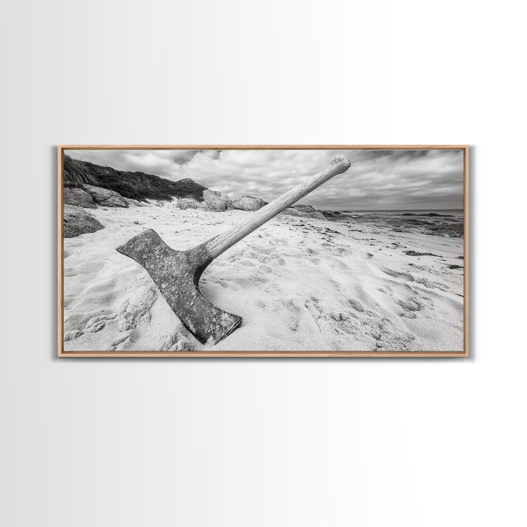 Axe in Sand, Abandoned Tool Scene, Rustic Coastal Mood, Framed Canvas Print, Cabin Wall Art or Moody Fall Living Room Decor, Bathroom Wall Art