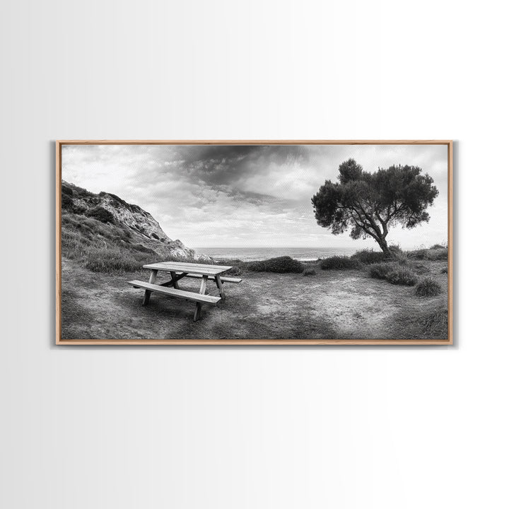 Picnic Table View, Coastal Meadow Scene, Tree and Cliff Horizon, Framed Canvas Print, Relaxing Kitchen or Outdoor Patio Wall Art