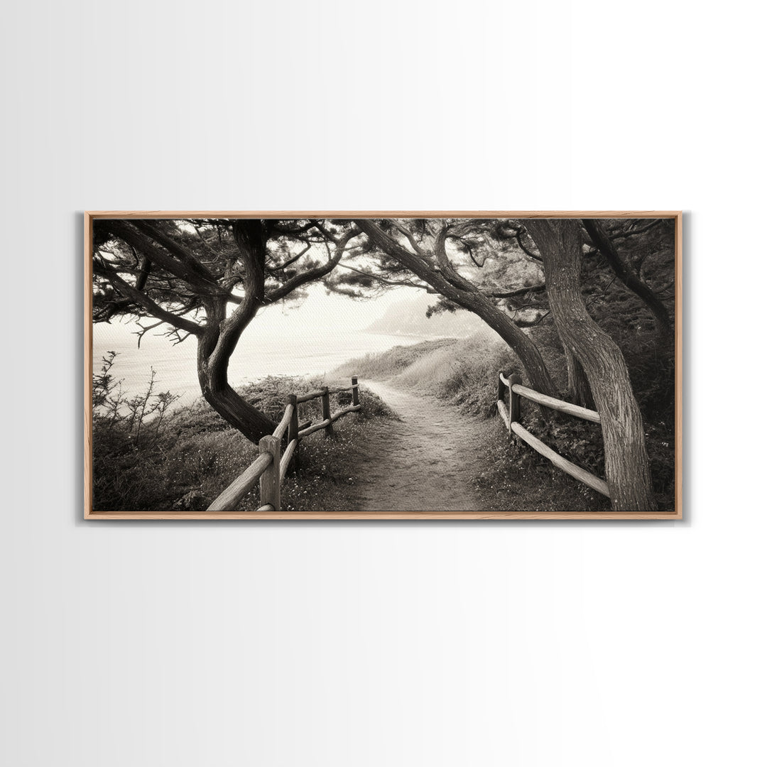 Ocean Cliff Path, Framed Trail Trees, Coastal Escape Scene, Framed Canvas Print, Boho Bedroom or Peaceful Hallway Wall Art, Entryway Accent
