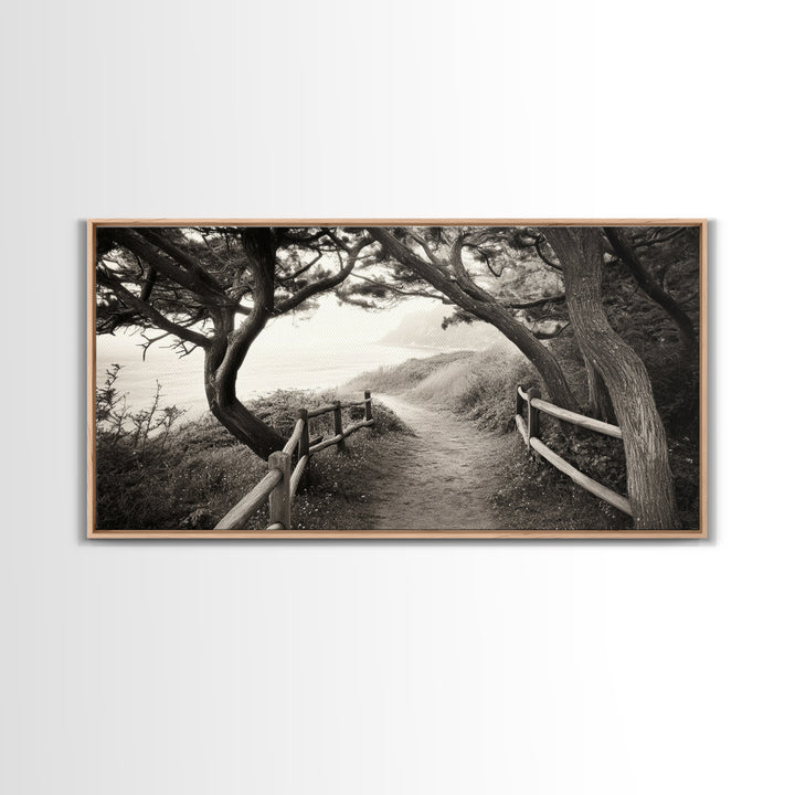 Ocean Cliff Path, Framed Trail Trees, Coastal Escape Scene, Framed Canvas Print, Boho Bedroom or Peaceful Hallway Wall Art, Entryway Accent