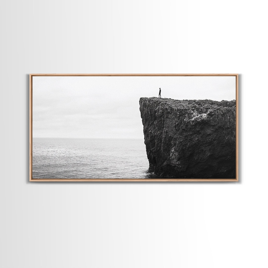 Ocean Cliff, Brave Explorer, Minimal Landscape, Adventure Wall Art, Framed Canvas Print, Modern Home Decor, Inspirational Office Art
