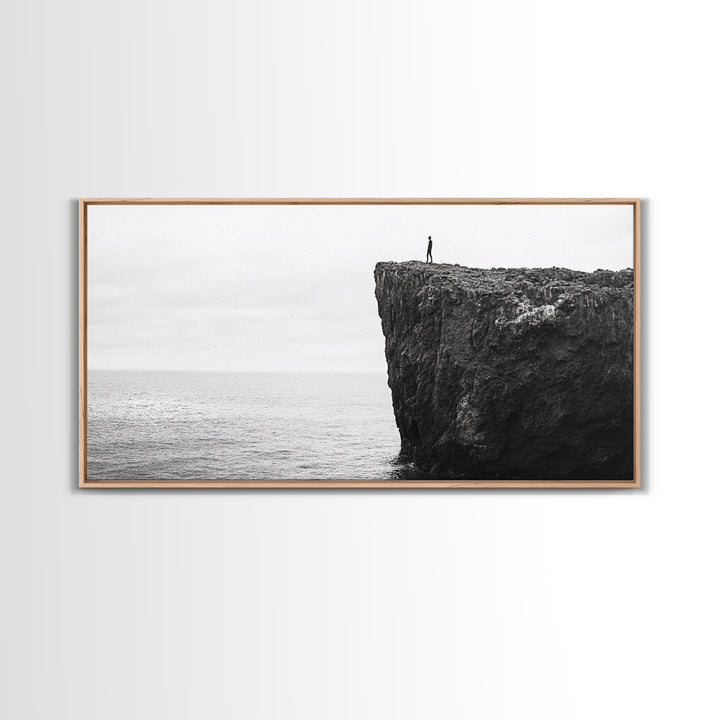 Ocean Cliff, Brave Explorer, Minimal Landscape, Adventure Wall Art, Framed Canvas Print, Modern Home Decor, Inspirational Office Art