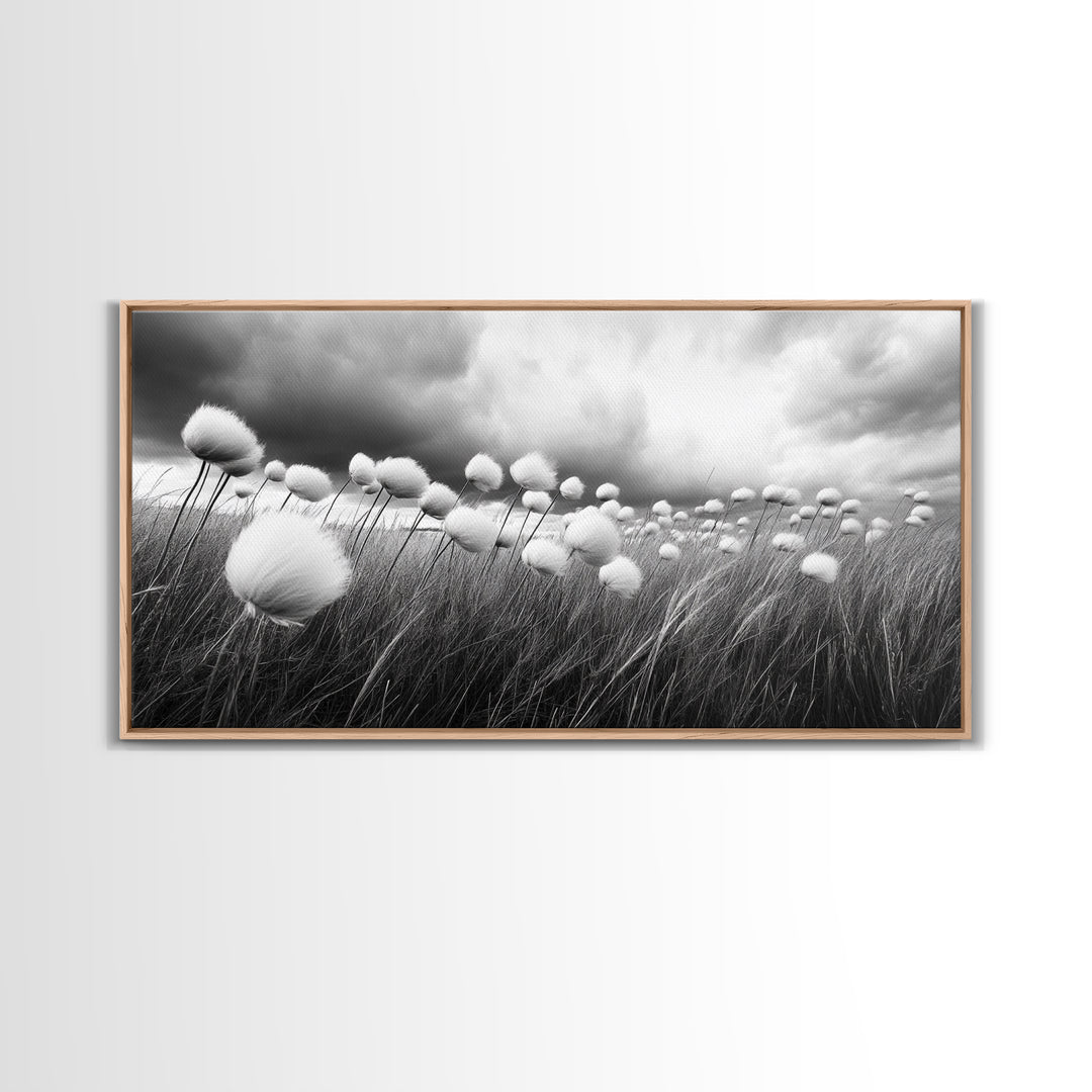 Cotton Grass Field, Stormy Sky Art, Botanical Monochrome, Minimalist Nature Print, Framed Canvas Print, Bedroom Wall Art, Nordic Style