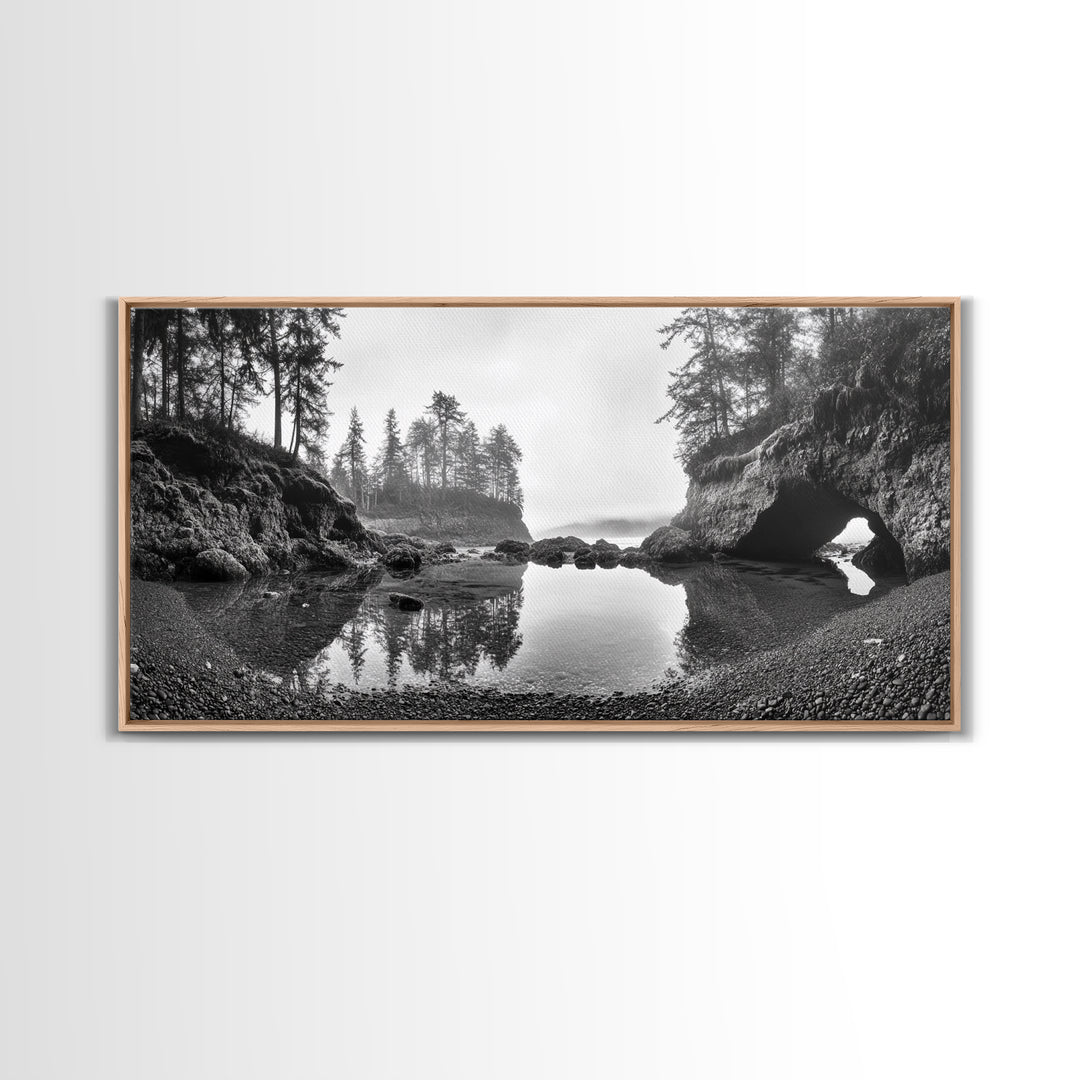 Coastal Cave Reflections, Misty Tidepool Scene, Moody Nature Landscape, Canvas Print, Living Room Wall Art, Black And White Art
