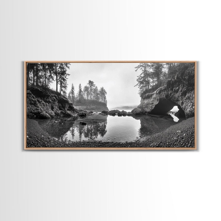 Coastal Cave Reflections, Misty Tidepool Scene, Moody Nature Landscape, Canvas Print, Living Room Wall Art, Black And White Art