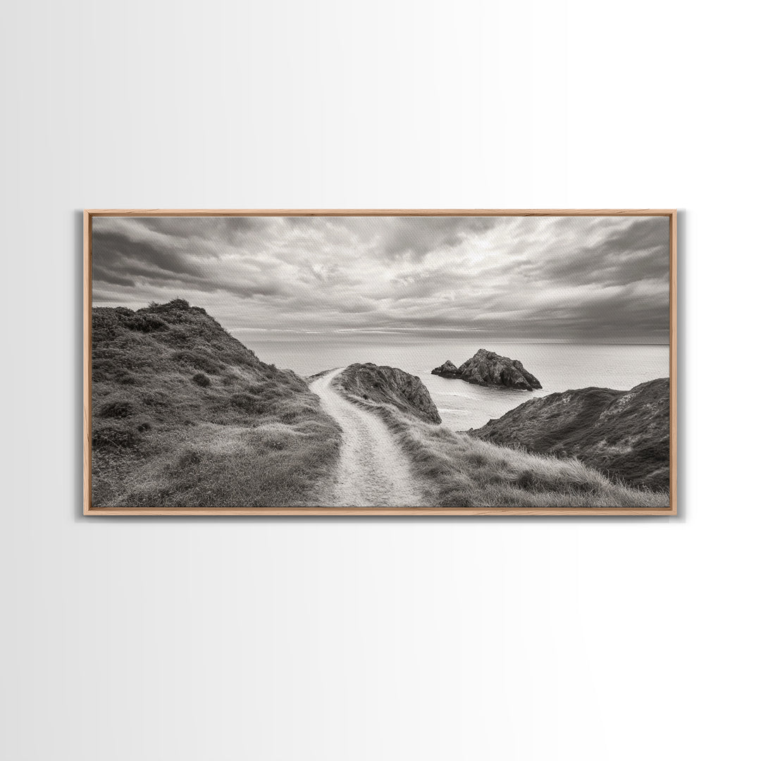 Coastal Cliff Path, Ocean View Trail, Windswept Grass Art, Seaside Wall Decor, Framed Canvas Print, Bedroom Art, Nature Lover Gift