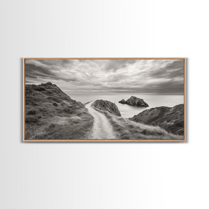 Coastal Cliff Path, Ocean View Trail, Windswept Grass Art, Seaside Wall Decor, Framed Canvas Print, Bedroom Art, Nature Lover Gift