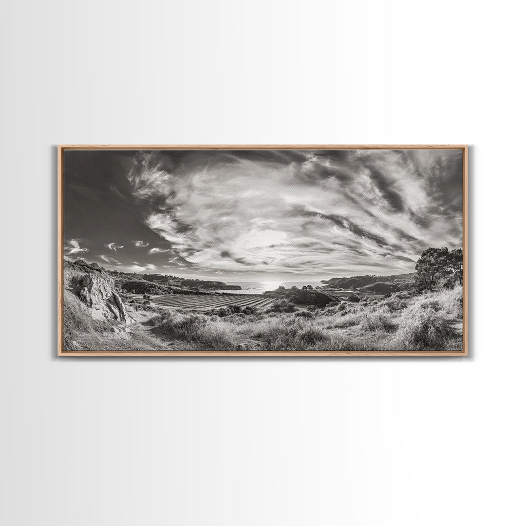 Coastal Hillside Sunset, Vineyard Ocean View, Rolling Landscape Art, Framed Canvas Print, Kitchen Wall Art, California Scenery