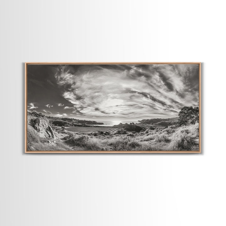 Coastal Hillside Sunset, Vineyard Ocean View, Rolling Landscape Art, Framed Canvas Print, Kitchen Wall Art, California Scenery