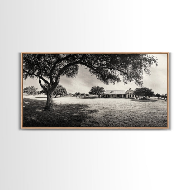 Country Farmhouse Shade, Texas Ranch Home, Oak Tree Horizon, Framed Canvas Print, Rustic Decor, Entryway or Dining Room Art