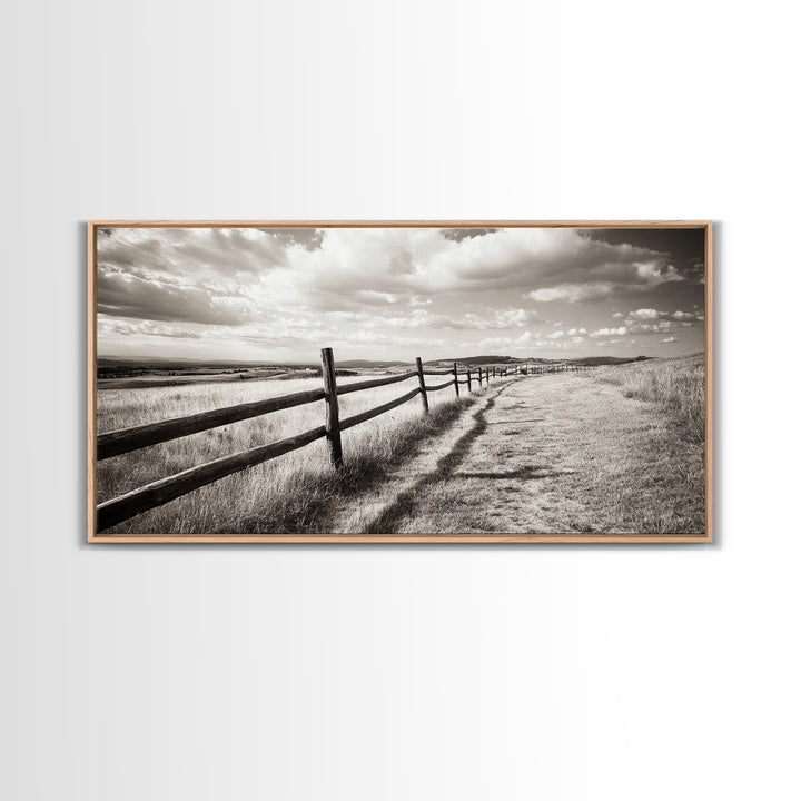 Countryside Fence Trail, Rolling Hills Walk, Prairie Path View, Framed Canvas Print, Western Art, Fall Wall Decor, Office Wall Art