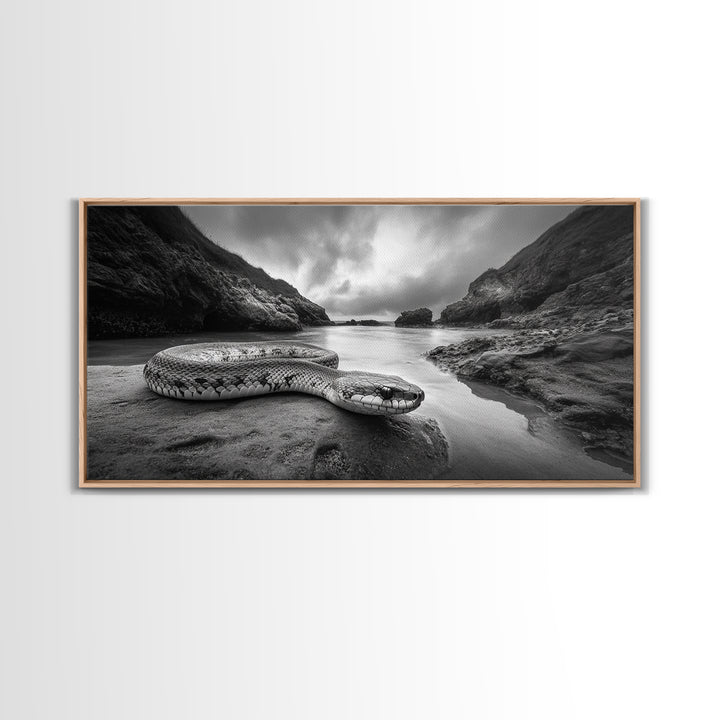 Ocean Snake Landscape, Coastal Creature Scene, Black and White Reptile, Framed Canvas Print, Moody Art, Bedroom or Den Decor