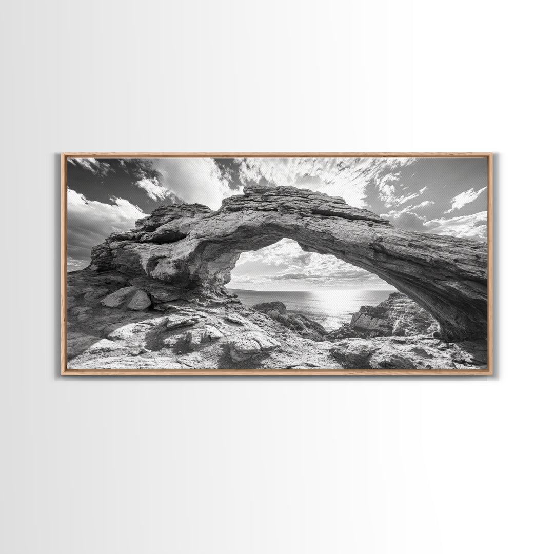 Natural Rock Arch, Seaside Cliff View, Desert Coastal Window, Framed Canvas Print, Boho Earth Tones, Living Room Wall Decor