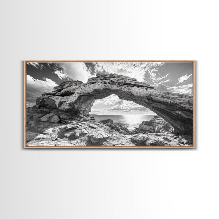 Natural Rock Arch, Seaside Cliff View, Desert Coastal Window, Framed Canvas Print, Boho Earth Tones, Living Room Wall Decor