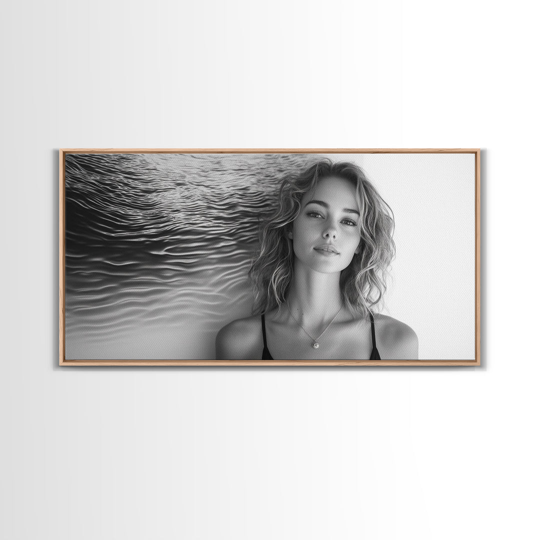 Ocean Texture, Abstract Waves, Modern Female, Artistic Portrait, Canvas Print, fashion wall art, glam room decor, minimal black white