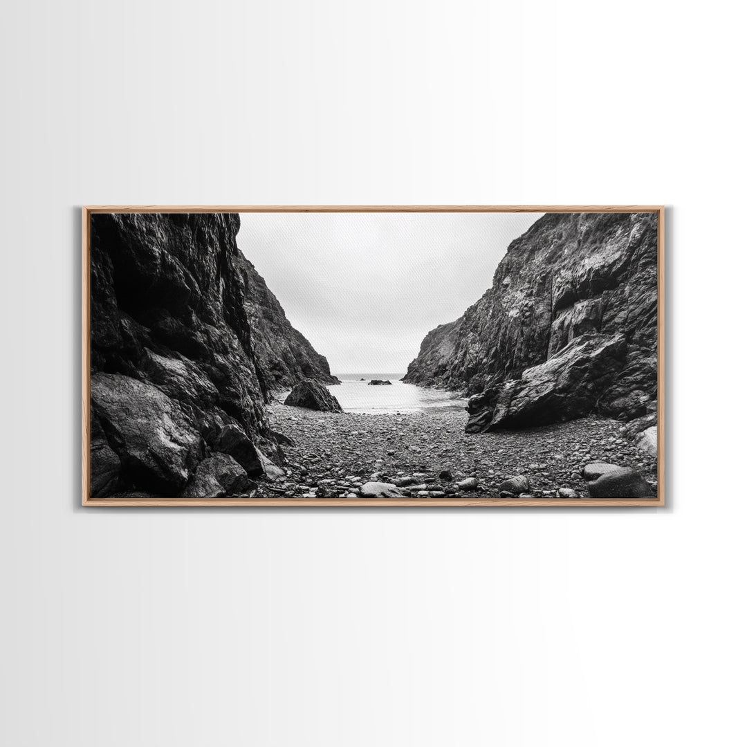 Rocky Cove, Ocean Gap, Cliffside Path, Secluded Coast, Framed Canvas Print, adventure wall art, man cave, grayscale wilderness print