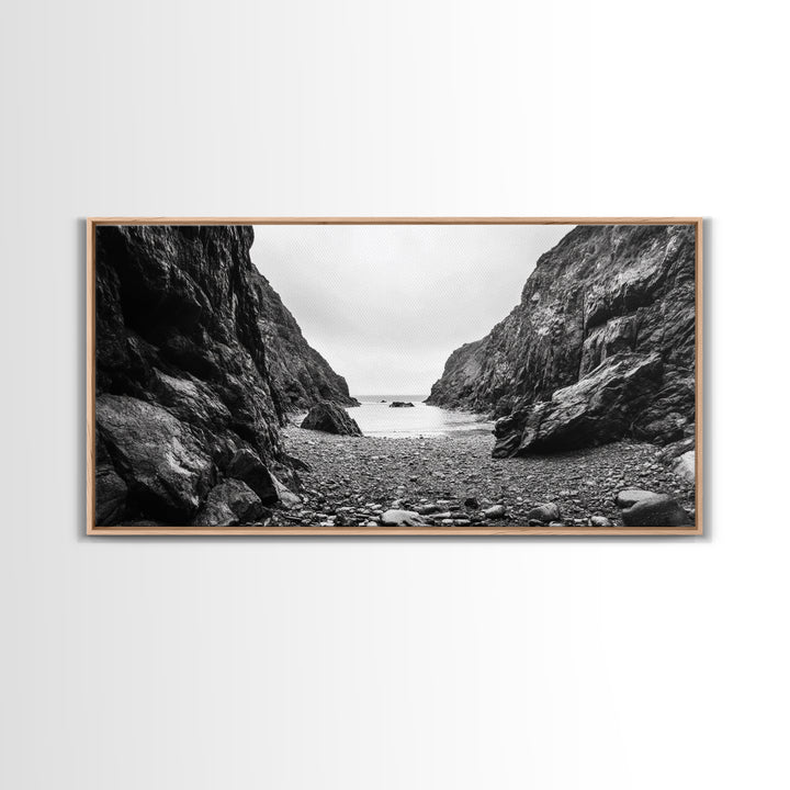 Rocky Cove, Ocean Gap, Cliffside Path, Secluded Coast, Framed Canvas Print, adventure wall art, man cave, grayscale wilderness print