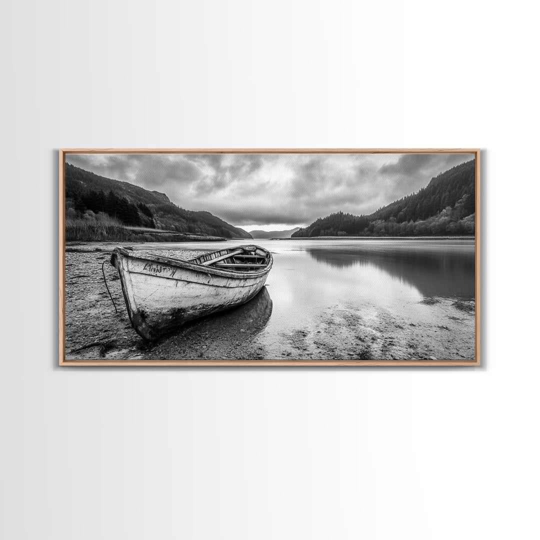 Abandoned Boat, Mountain Lake, Moody Shore, Nature Reflections, Framed Canvas Print, cabin wall art, explorer decor, grayscale nature