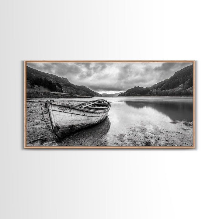 Abandoned Boat, Mountain Lake, Moody Shore, Nature Reflections, Framed Canvas Print, cabin wall art, explorer decor, grayscale nature