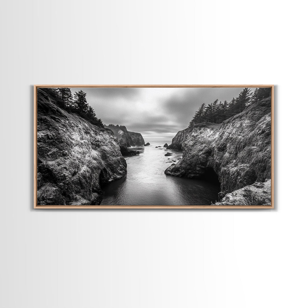 Ocean Passage, Cliff Channel, Rugged Coast, Forest Horizon, Canvas Print, dramatic nature art, large wall piece, hallway landscape art