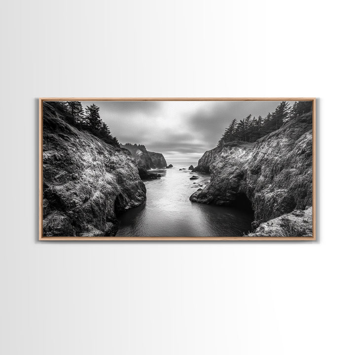 Ocean Passage, Cliff Channel, Rugged Coast, Forest Horizon, Canvas Print, dramatic nature art, large wall piece, hallway landscape art
