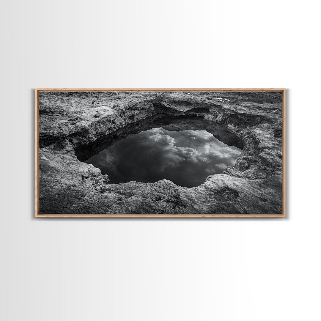 Sky Reflection, Stone Pool, Abstract Nature, Moody Minimalist Art, Framed Canvas Print, Bedroom Wall Art, Contemporary Monochrome Decor