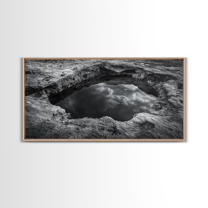 Sky Reflection, Stone Pool, Abstract Nature, Moody Minimalist Art, Framed Canvas Print, Bedroom Wall Art, Contemporary Monochrome Decor