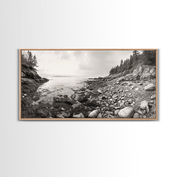 Rocky Coast, Forest Edge, Tranquil Shoreline, Earthy Landscape Scene, Canvas Print, Neutral Home Decor, Rustic Cabin Wall Art