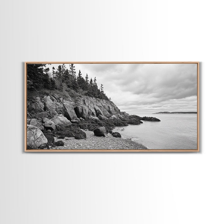 Rocky Shore, Coastal Forest, Black White Landscape, Nature Wall Decor, Framed Canvas Print, Cabin Living Room Art, Fall Inspired Scene