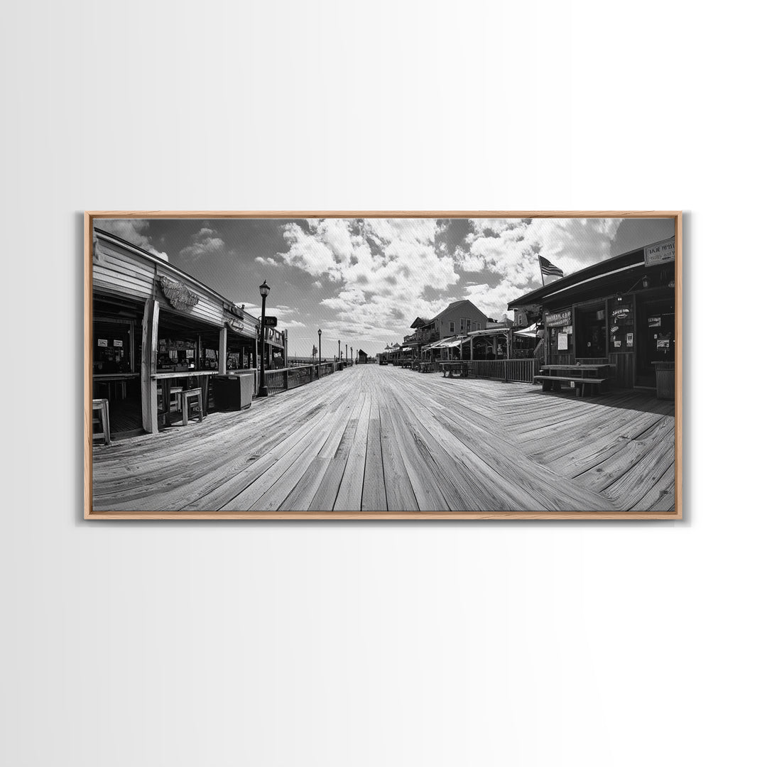 Boardwalk View, Beach Shops, Summer Scene, Coastal Town, Framed Canvas Print, Nautical Wall Art, Dining Room Coastal Decor