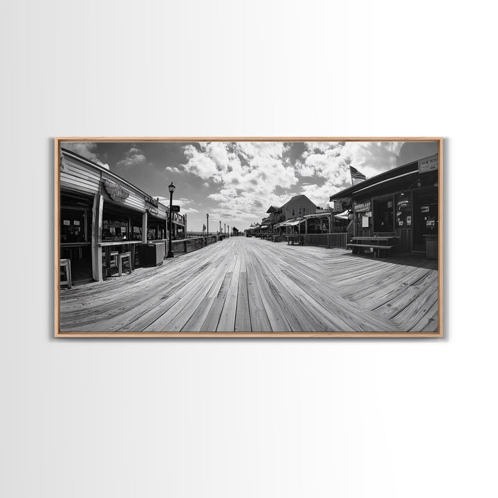 Boardwalk View, Beach Shops, Summer Scene, Coastal Town, Framed Canvas Print, Nautical Wall Art, Dining Room Coastal Decor