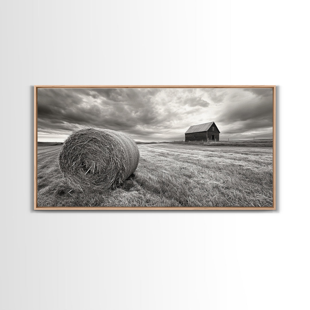 Barn Field, Hay Bale, Rural Farmland Scene, Autumn Countryside Art, Canvas Print, Farmhouse Wall Decor, Rustic Fall Living Room Art