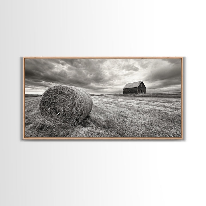 Barn Field, Hay Bale, Rural Farmland Scene, Autumn Countryside Art, Canvas Print, Farmhouse Wall Decor, Rustic Fall Living Room Art