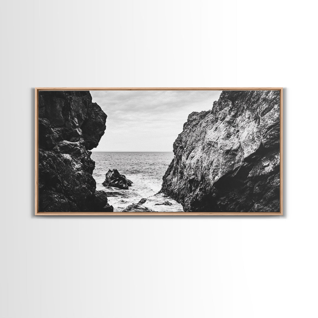Rocky Coast View, Ocean Cliffs Art, Coastal Wilderness, Monochrome Seascape, Canvas Print, Bathroom Wall Art, Rustic Minimalist Style